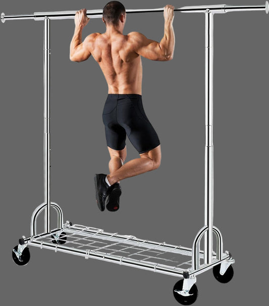 Heavy Duty Clothes Rail 238Kg (525Lbs) Capacity, Extendable Hanging Rack with Lockable Wheels & Shelves, Space Saving for Bedroom, Apartment, Laundry Room,Silver