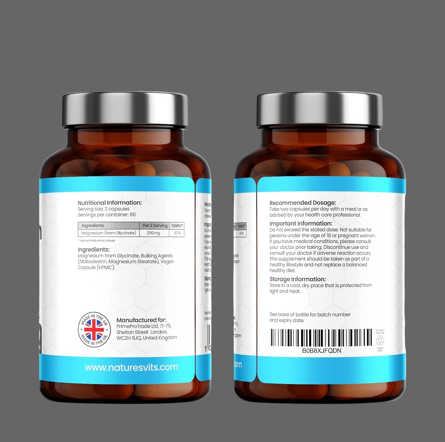 Magnesium Glycinate Capsules, 250 Mg - Bisglycinate Natural Night Time Supplement to Promote Sleep and Calm, Reduce Restless Legs and Relieve Muscle Cramps - Suitable for Women and Men